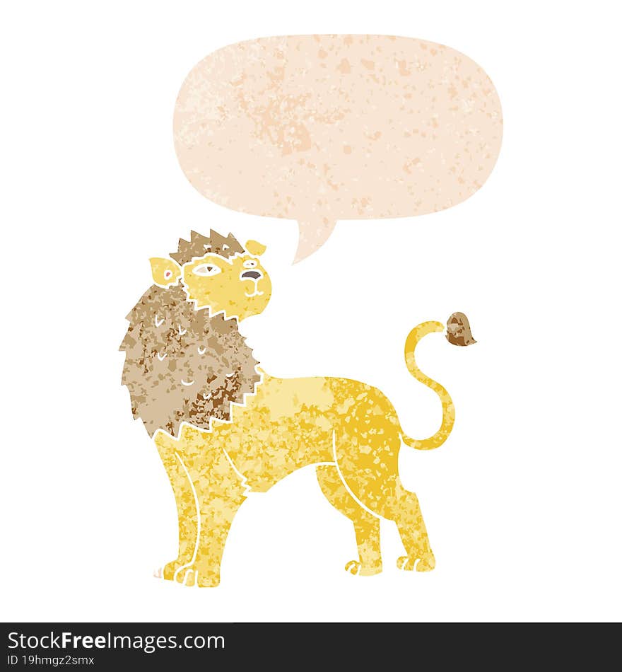 cartoon lion and speech bubble in retro textured style