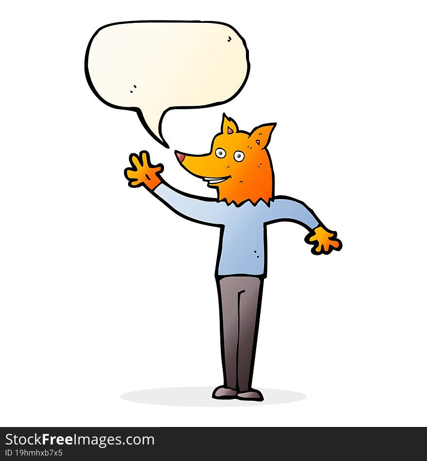 cartoon waving fox man with speech bubble