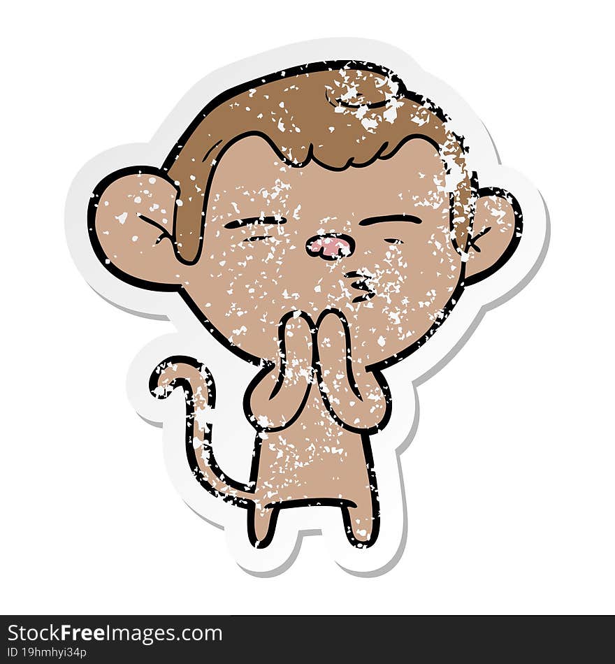 distressed sticker of a cartoon suspicious monkey