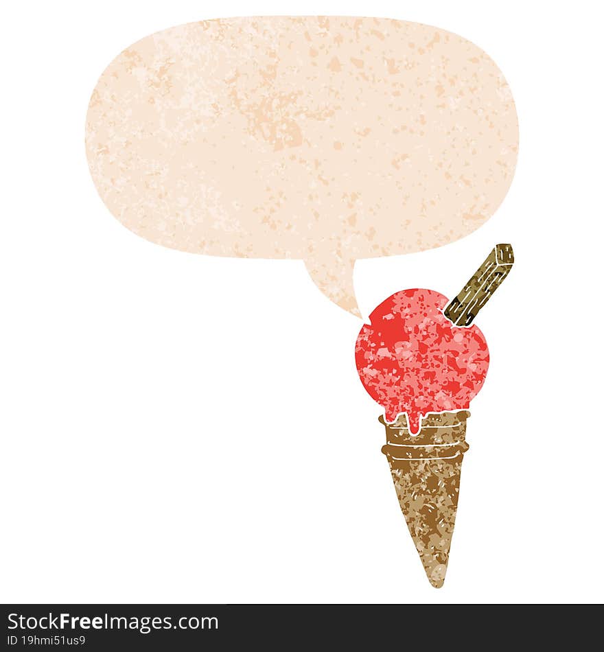 Cartoon Ice Cream And Speech Bubble In Retro Textured Style