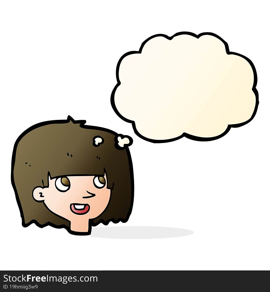 cartoon happy female face with thought bubble