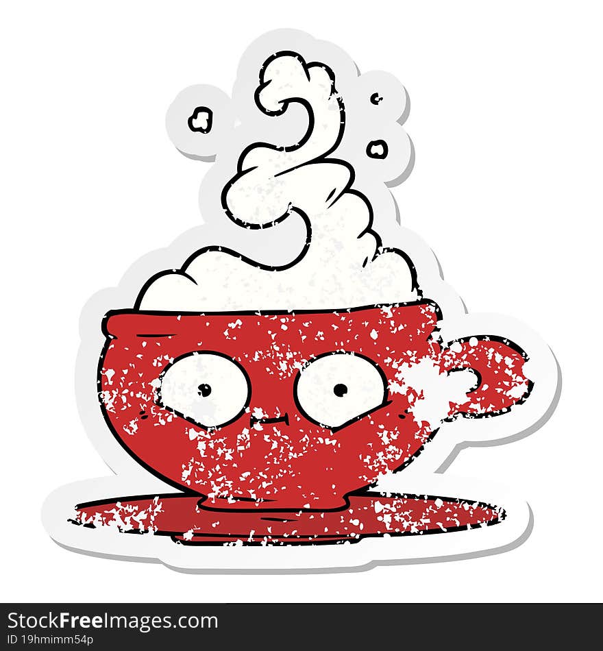 distressed sticker of a cartoon hot cup of coffee