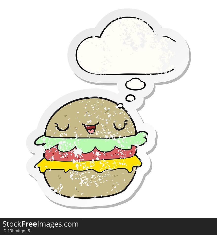 cartoon burger and thought bubble as a distressed worn sticker