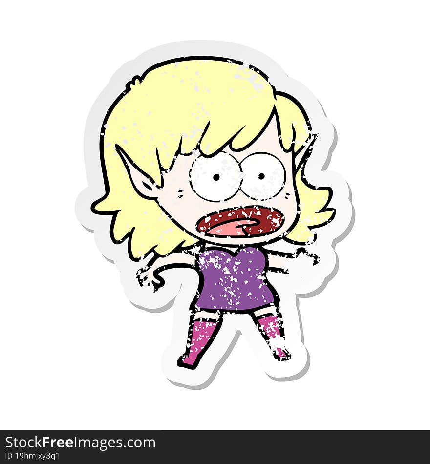 Distressed Sticker Of A Cartoon Shocked Elf Girl