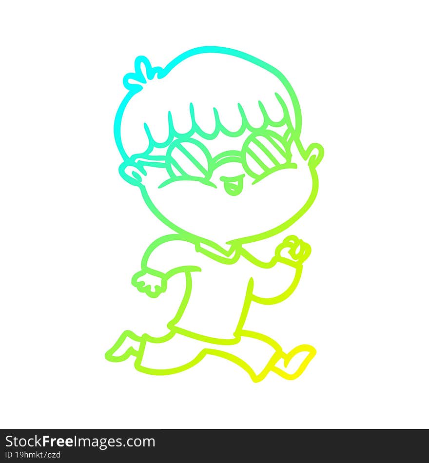 cold gradient line drawing of a cartoon boy wearing sunglasses and running