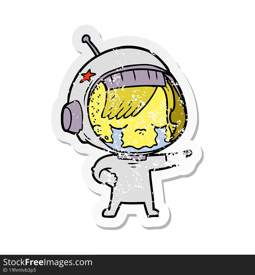 distressed sticker of a cartoon crying astronaut girl