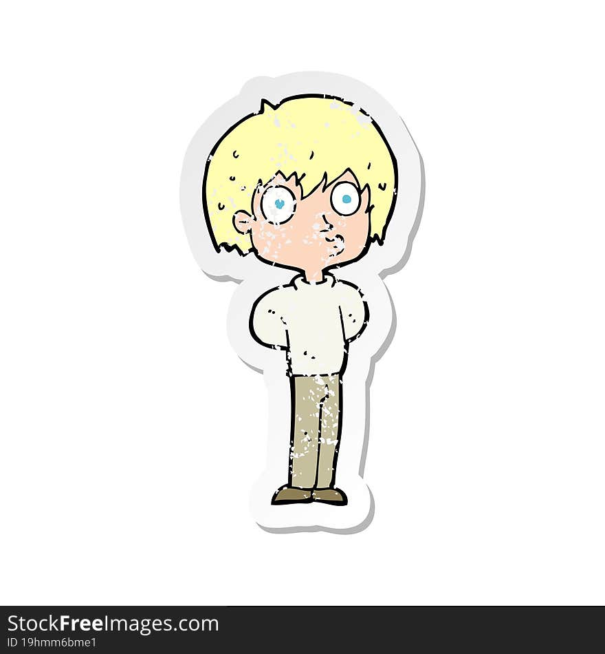 retro distressed sticker of a cartoon impressed boy