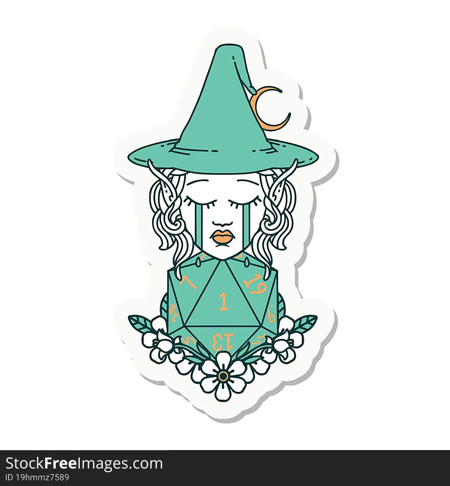 Crying Elf Witch With Natural One D20 Roll Sticker