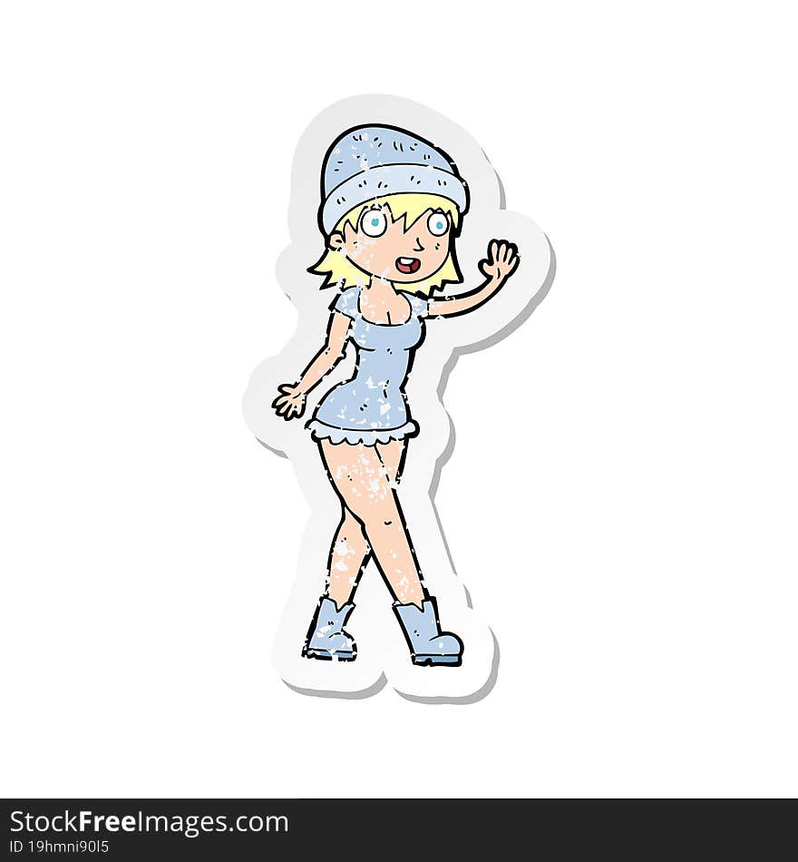 Retro Distressed Sticker Of A Cartoon Pretty Girl In Hat Waving