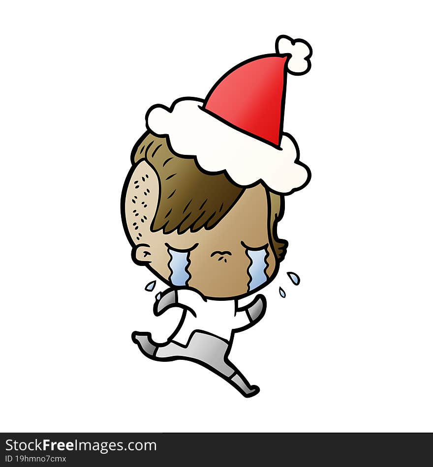 hand drawn gradient cartoon of a crying girl wearing space clothes wearing santa hat