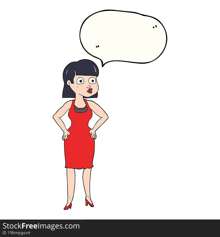 Speech Bubble Cartoon Woman In Dress With Hands On Hips