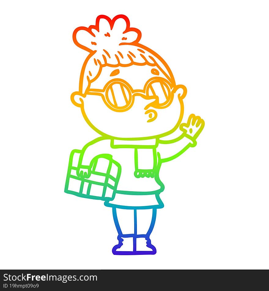 rainbow gradient line drawing cartoon woman wearing glasses