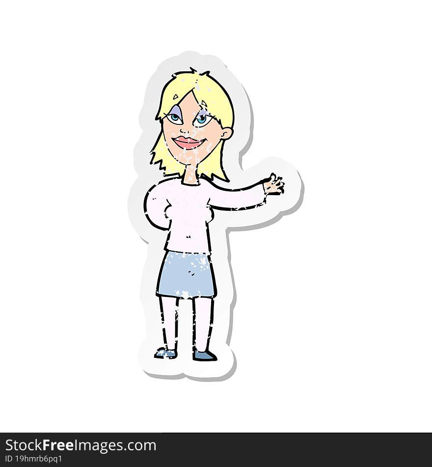 retro distressed sticker of a cartoon woman gesturing to show something