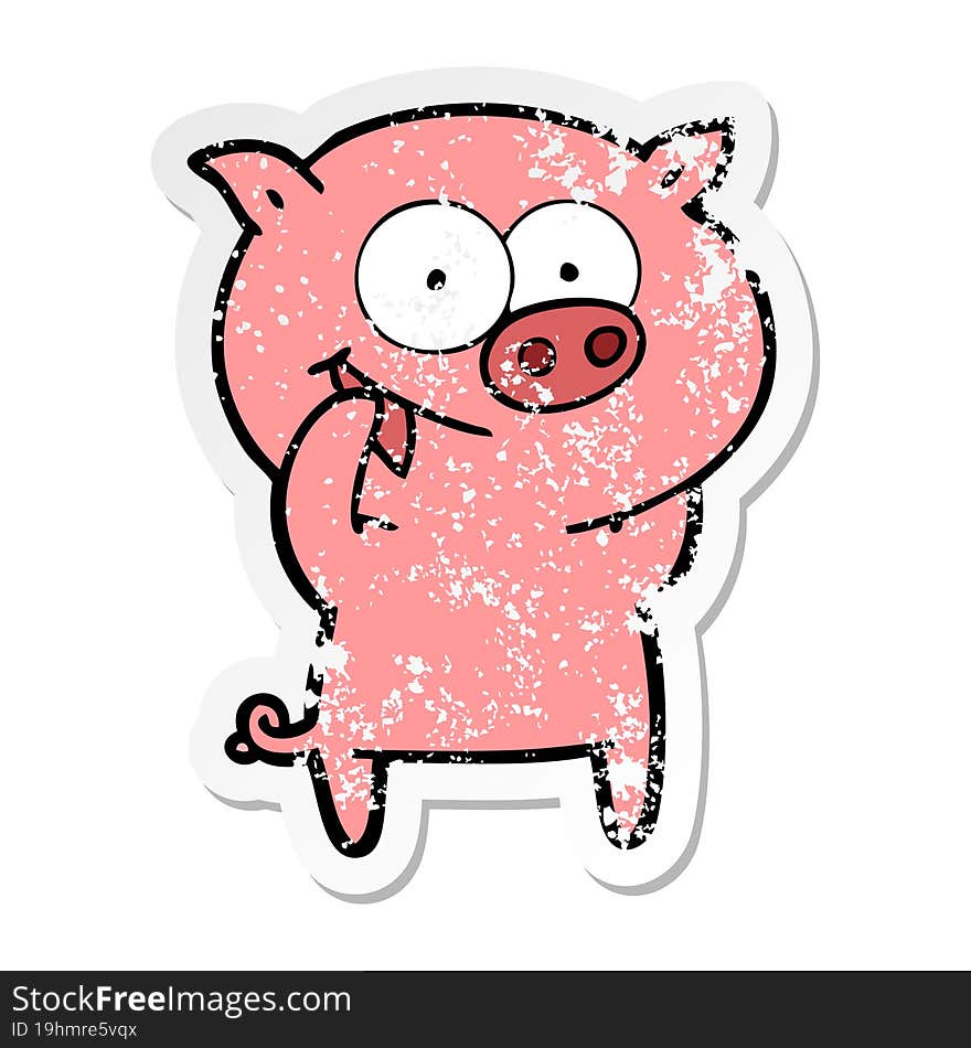 distressed sticker of a cheerful pig cartoon