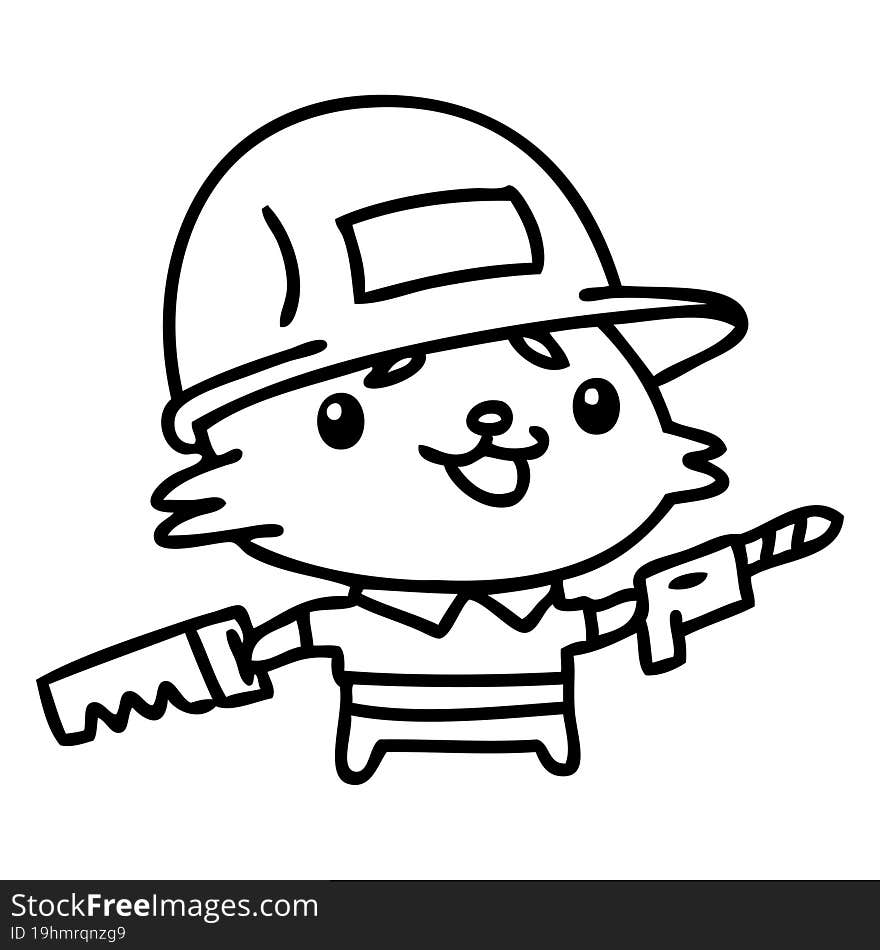 line doodle cat wearing a work hat and holding tools. line doodle cat wearing a work hat and holding tools