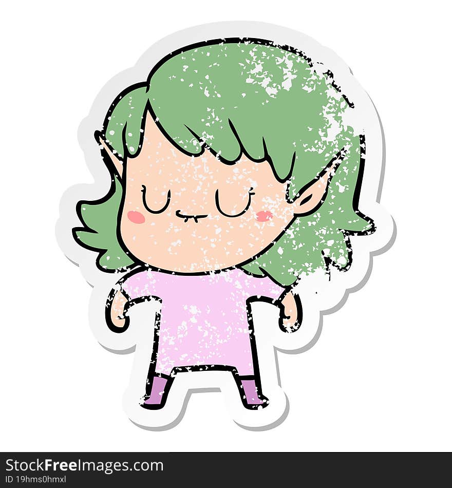 distressed sticker of a happy cartoon elf girl