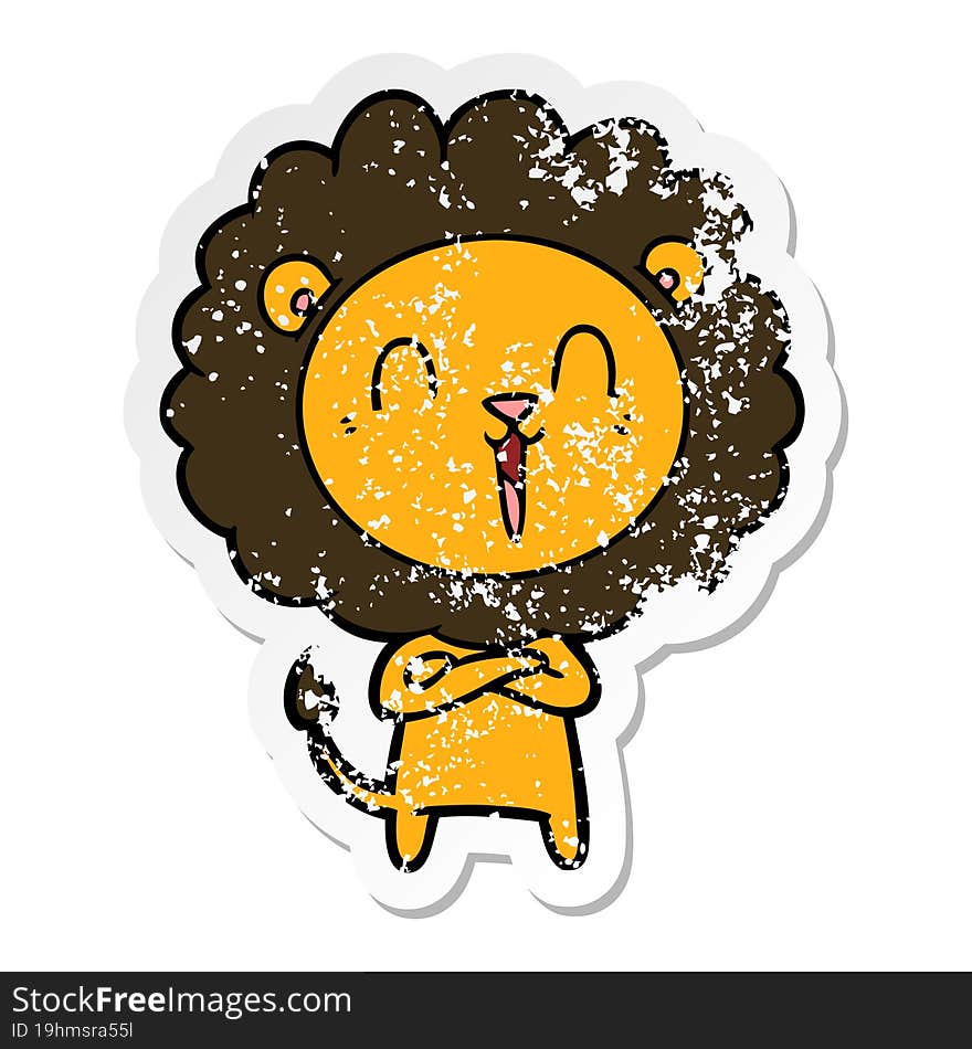 distressed sticker of a laughing lion cartoon