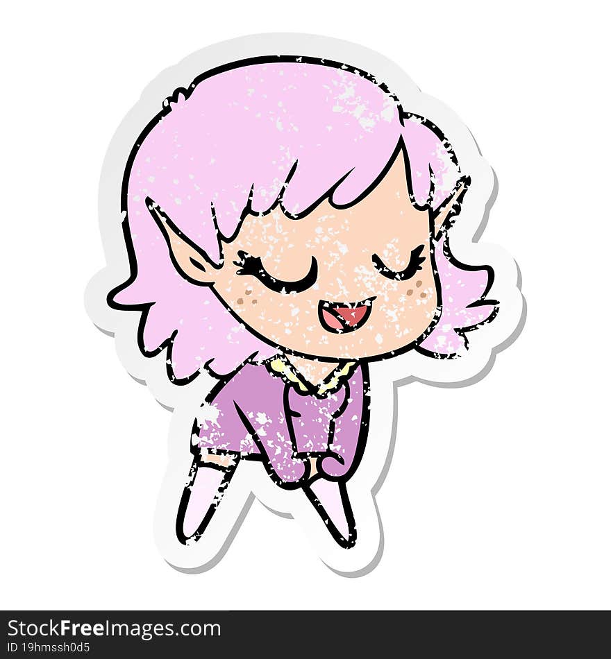 distressed sticker of a happy cartoon elf girl