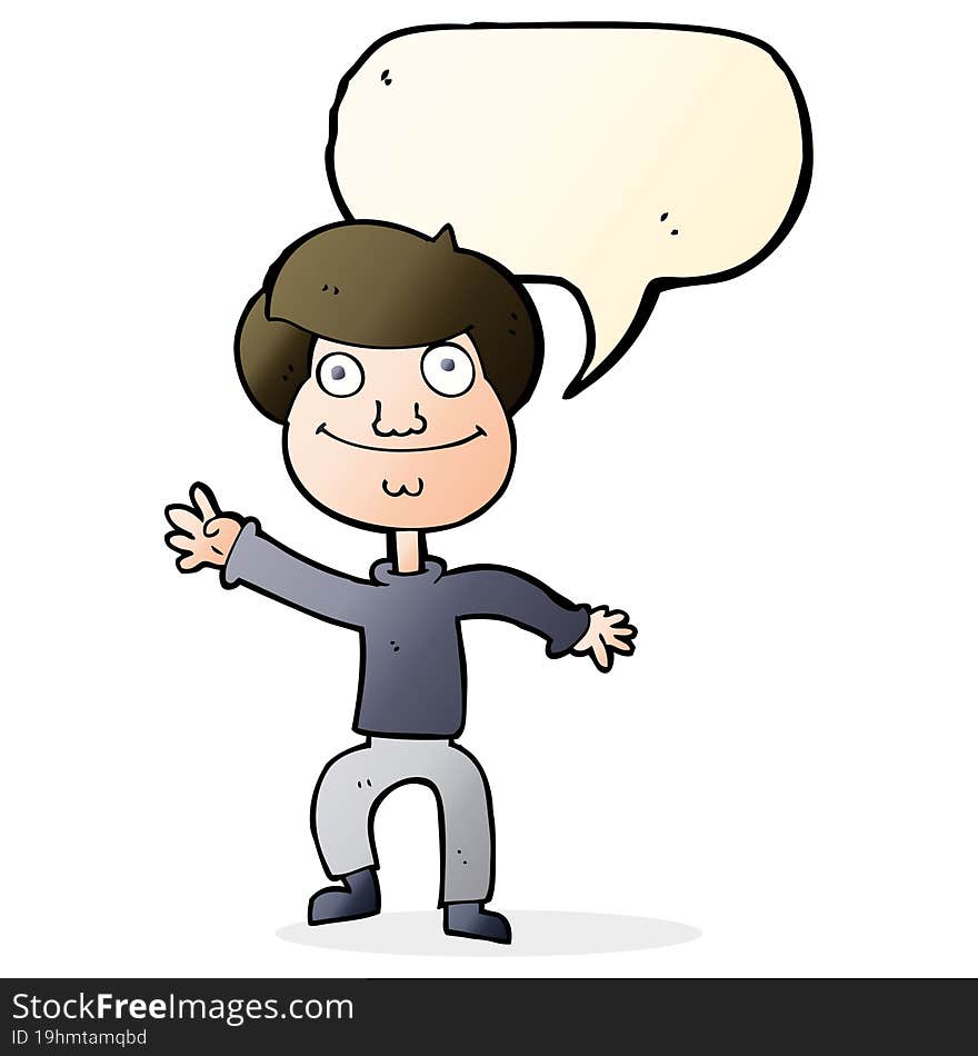 cartoon happy man waving with speech bubble