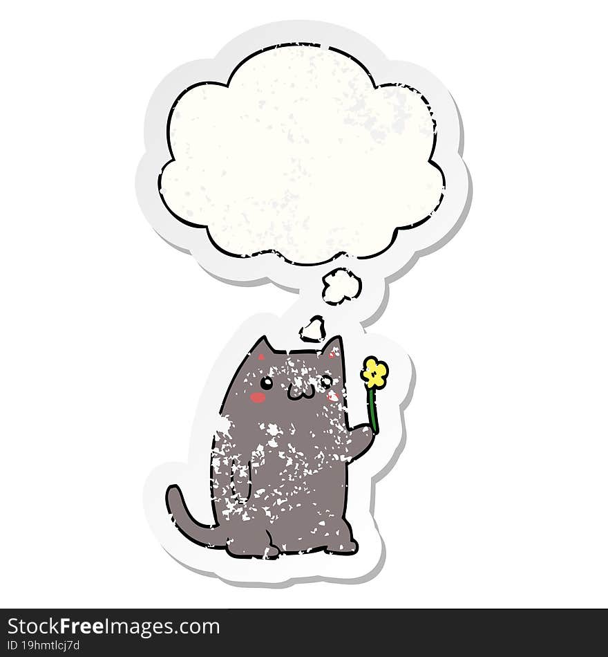 cute cartoon cat with thought bubble as a distressed worn sticker