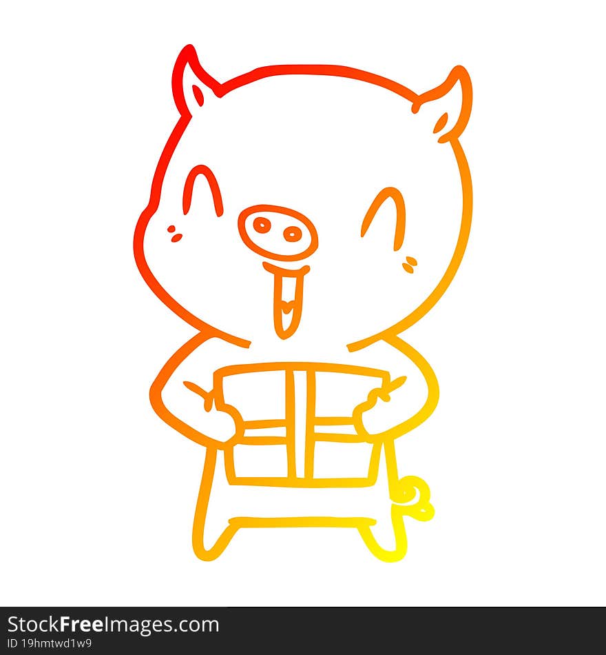 warm gradient line drawing of a happy cartoon pig with xmas present