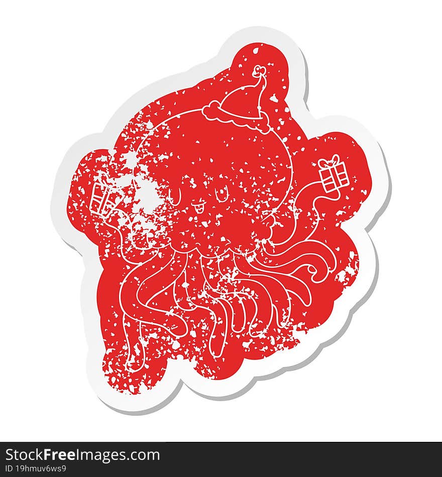 Cartoon Distressed Sticker Of A Jellyfish In Love Wearing Santa Hat