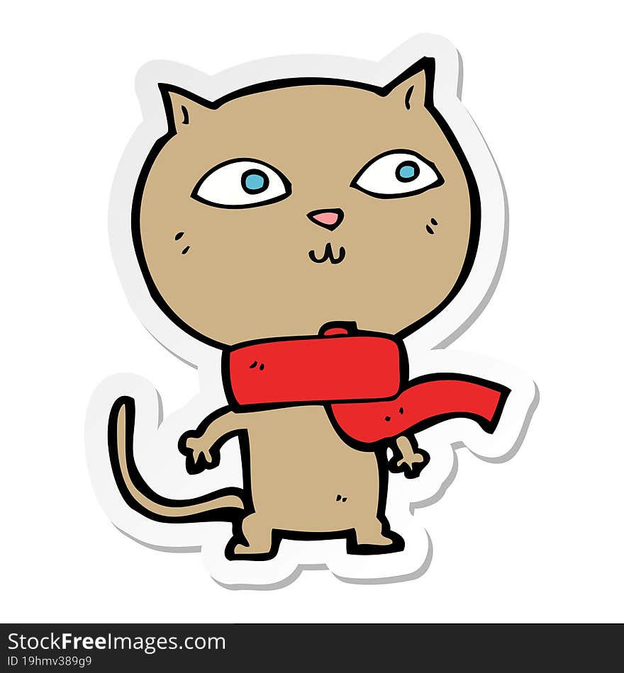 Sticker Of A Cartoon Funny Cat Wearing Scarf