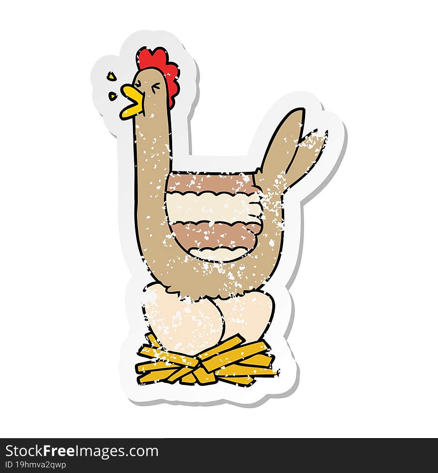 Distressed Sticker Of A Cartoon Hen Sitting On Nest