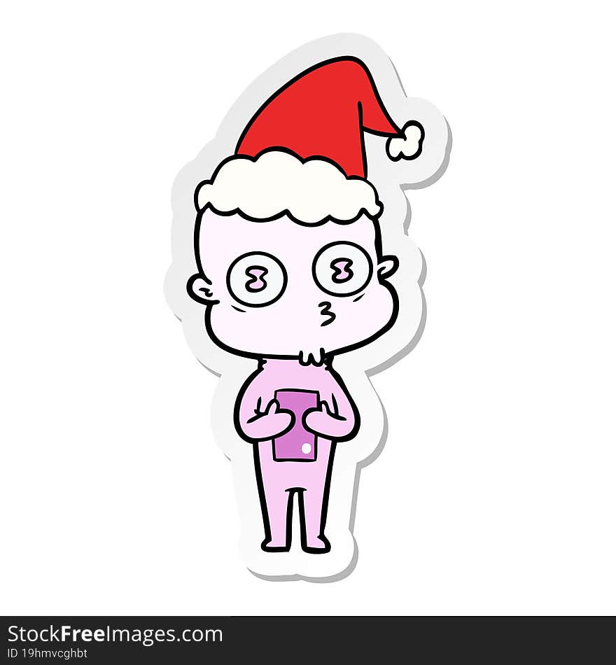 sticker cartoon of a weird bald spaceman wearing santa hat