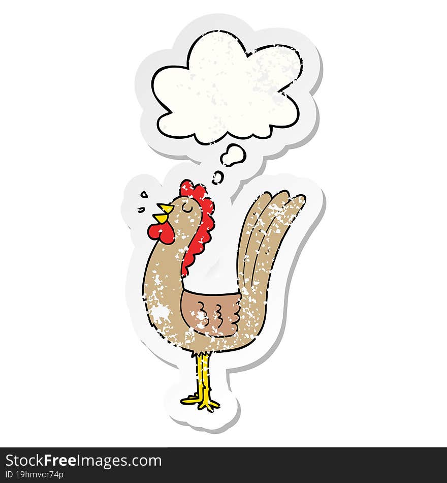 cartoon rooster with thought bubble as a distressed worn sticker