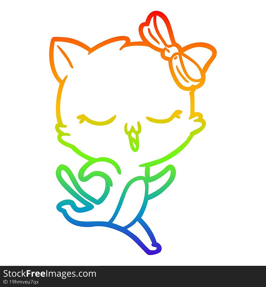 rainbow gradient line drawing cartoon cat with bow on head