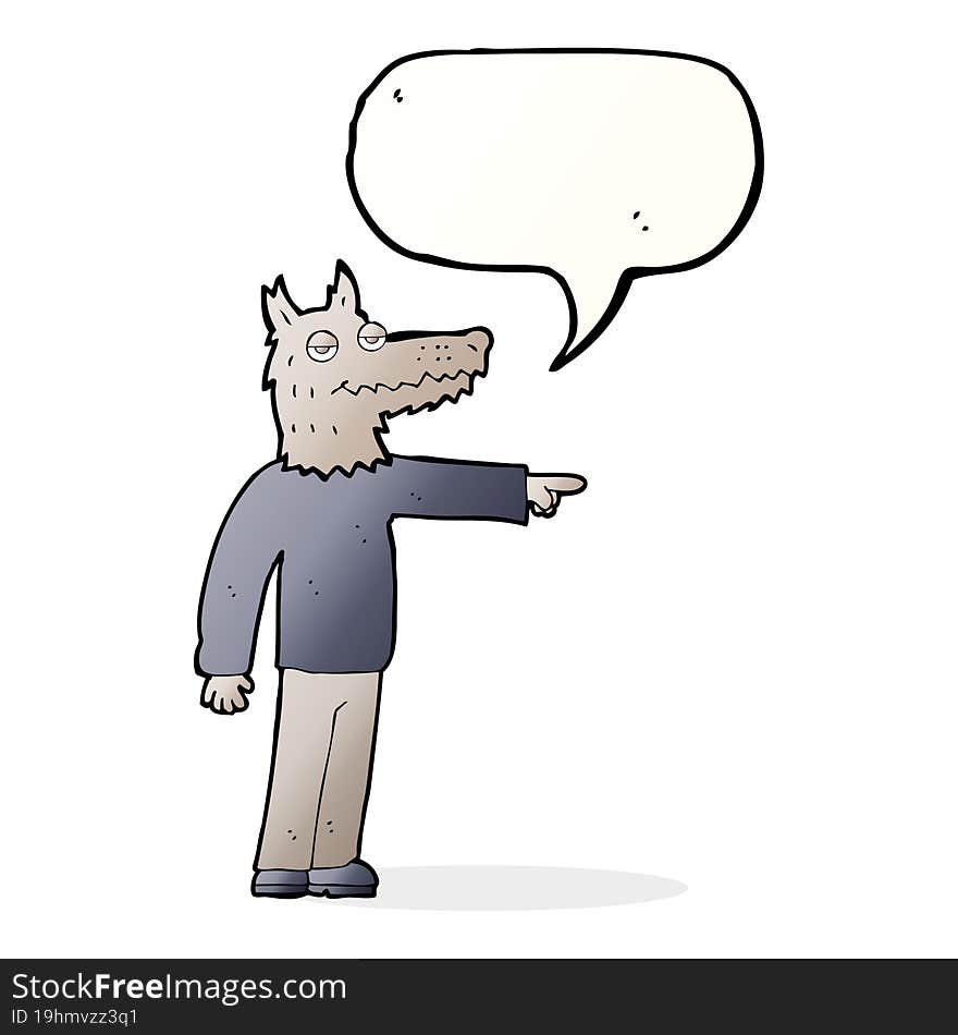 Cartoon Wolf Man Pointing With Speech Bubble