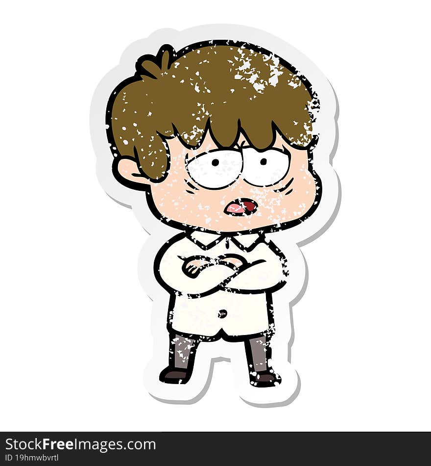 Distressed Sticker Of A Cartoon Exhausted Boy