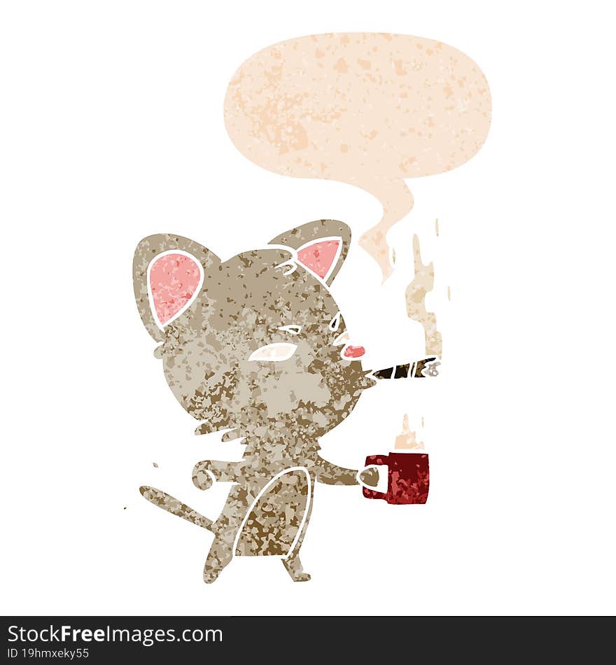 cartoon cat with coffee and cigar and speech bubble in retro textured style