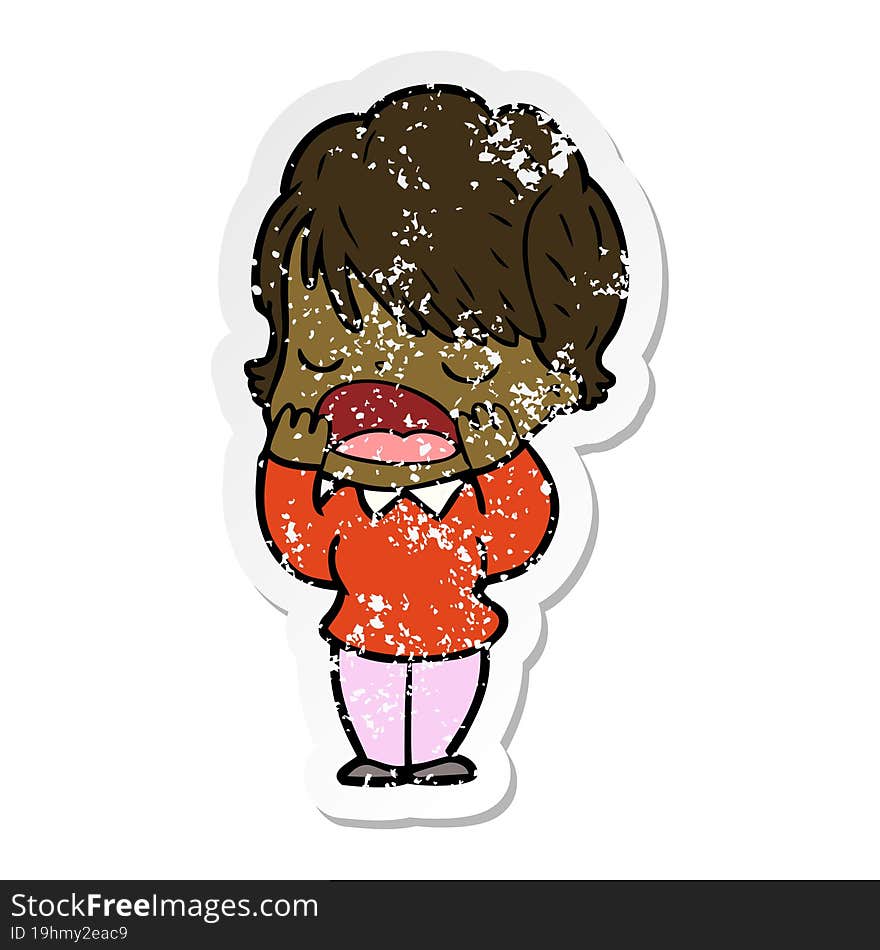 distressed sticker of a cartoon woman talking