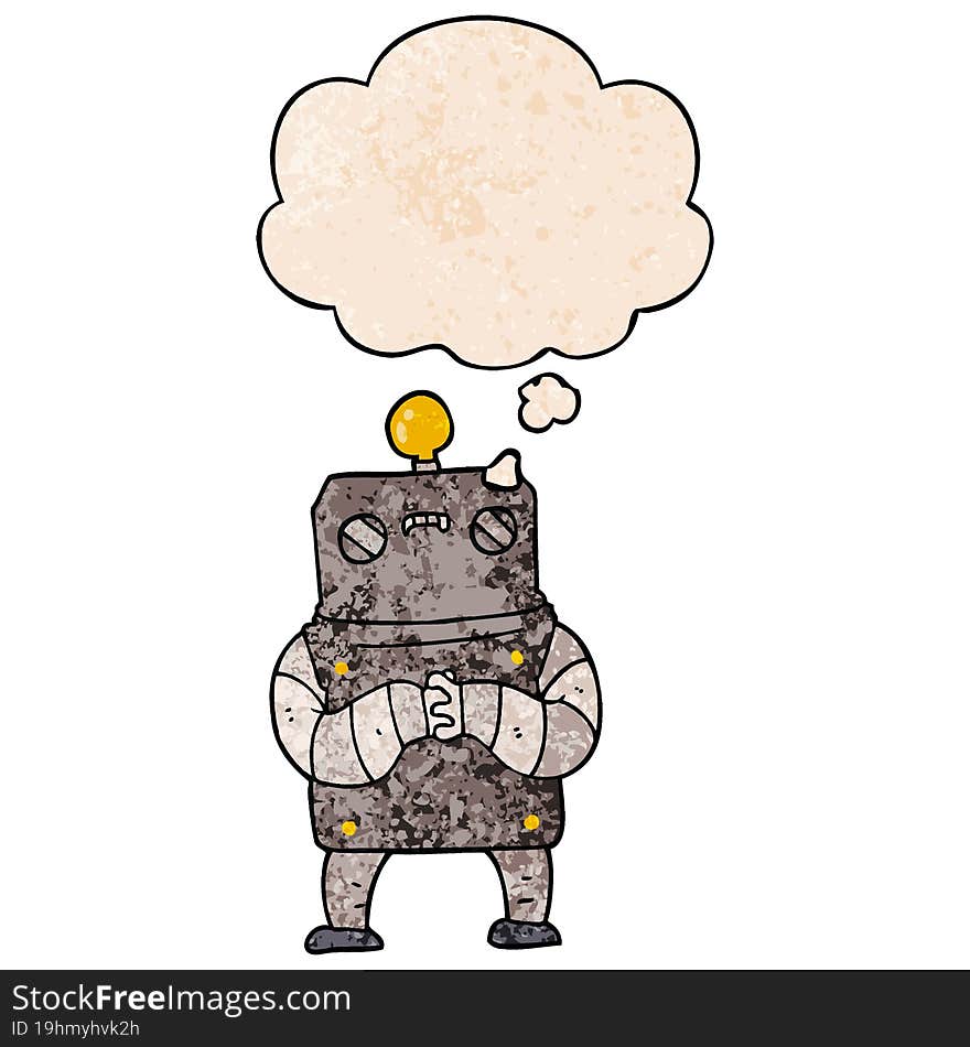 cartoon robot and thought bubble in grunge texture pattern style