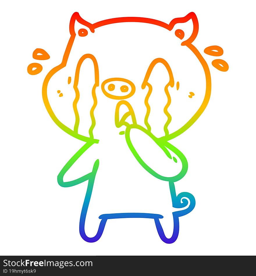 rainbow gradient line drawing of a crying pig cartoon