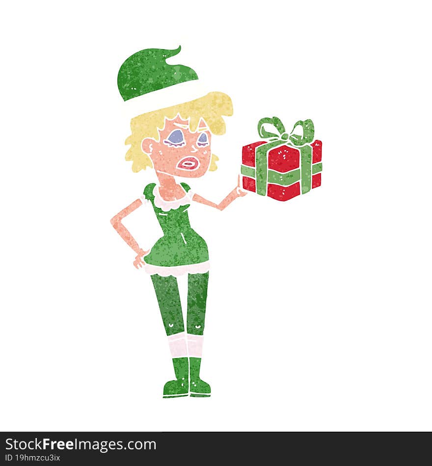 cartoon santa\'s helper woman with present. cartoon santa\'s helper woman with present