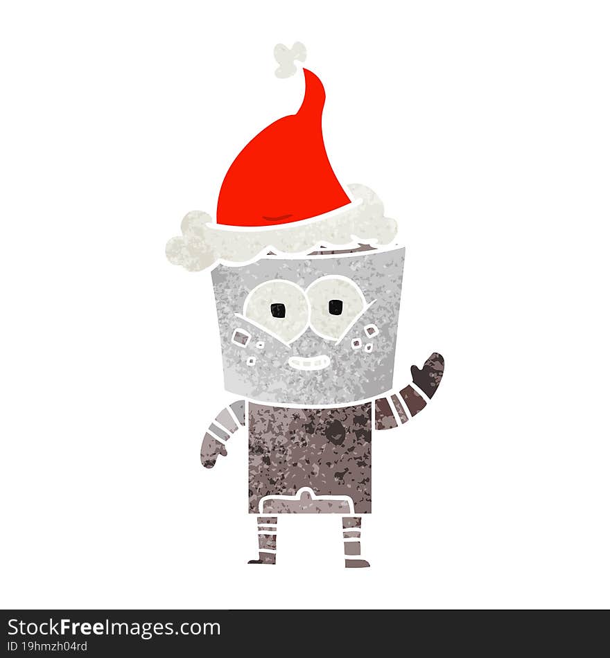 happy retro cartoon of a robot waving hello wearing santa hat