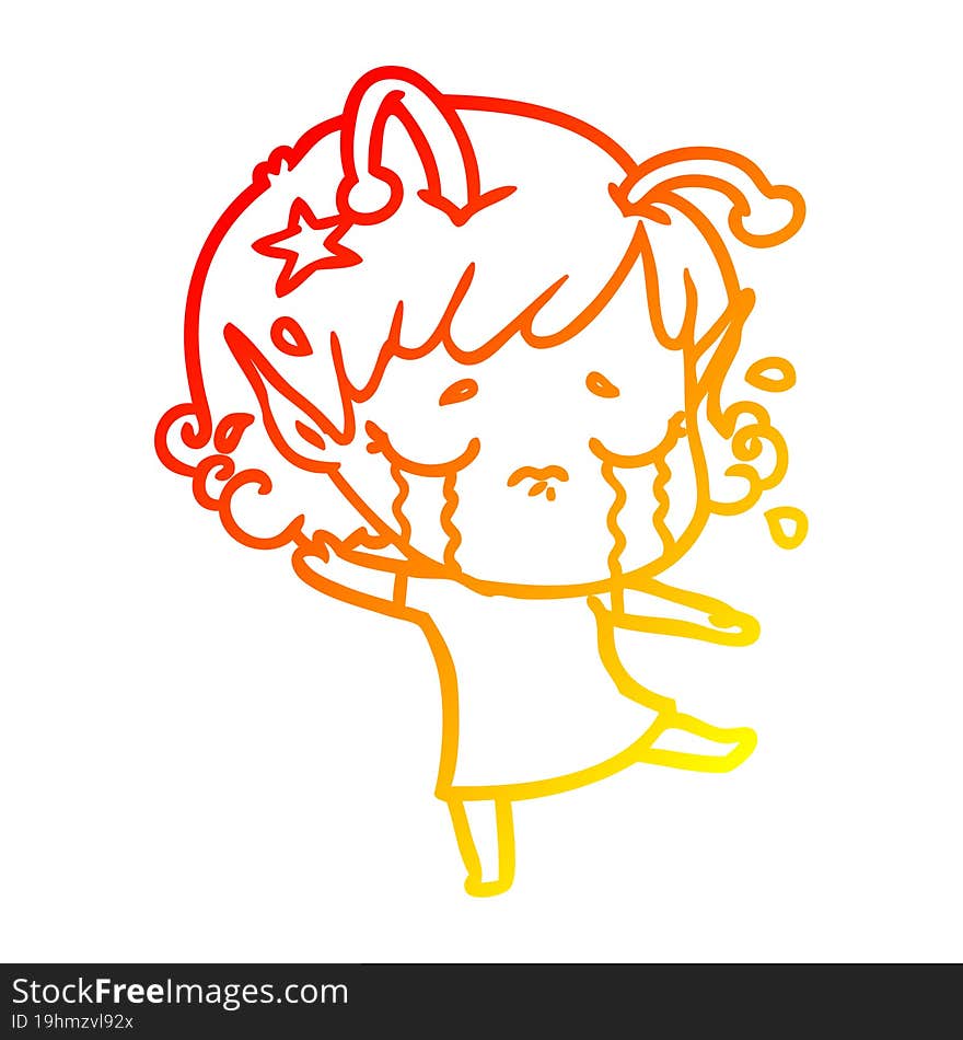 warm gradient line drawing cartoon crying alien girl