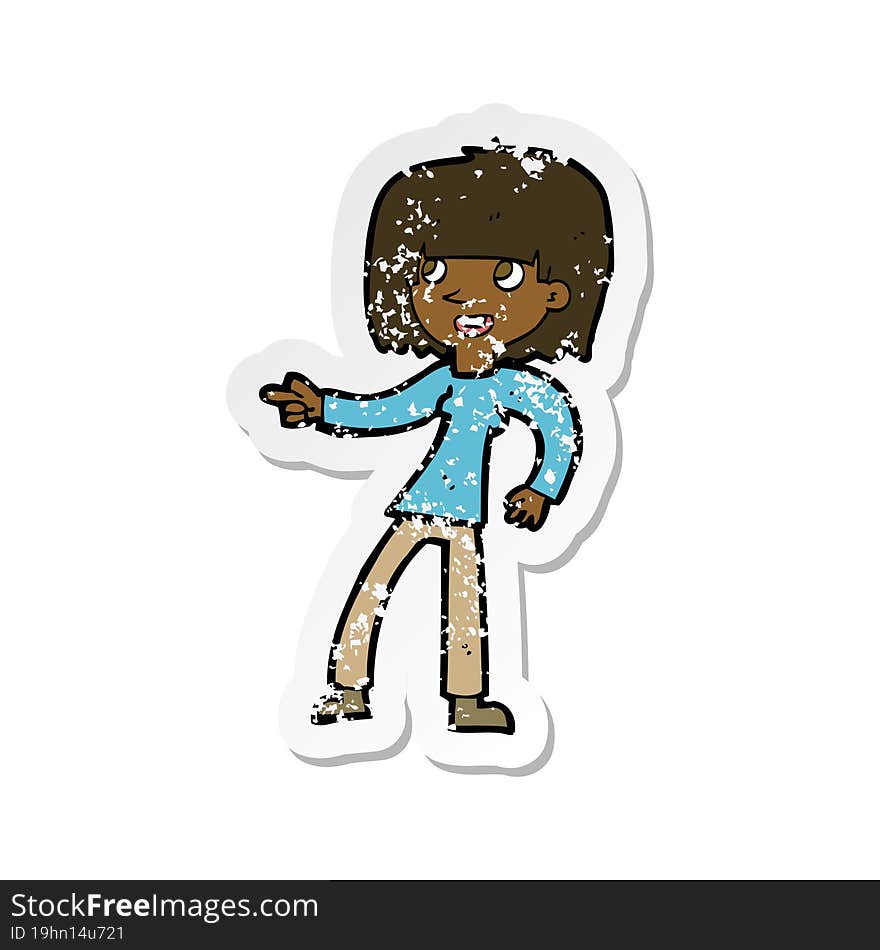 retro distressed sticker of a cartoon girl pointing