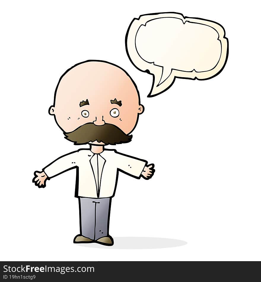 cartoon man with mustache with speech bubble