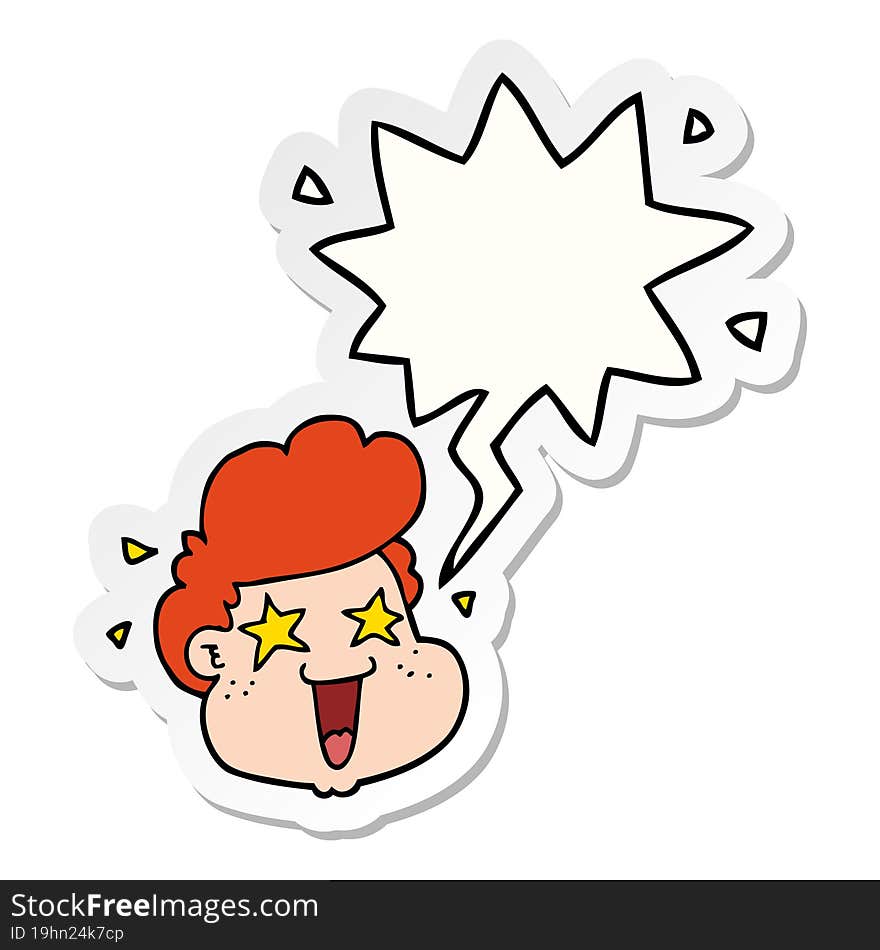 cartoon boy\'s face with speech bubble sticker. cartoon boy\'s face with speech bubble sticker