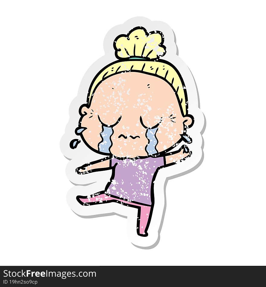 distressed sticker of a cartoon crying old lady