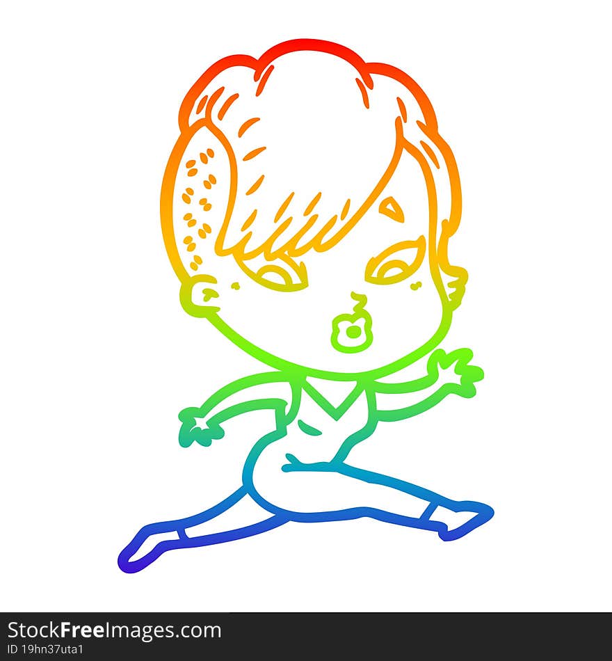 Rainbow Gradient Line Drawing Cartoon Surprised Girl