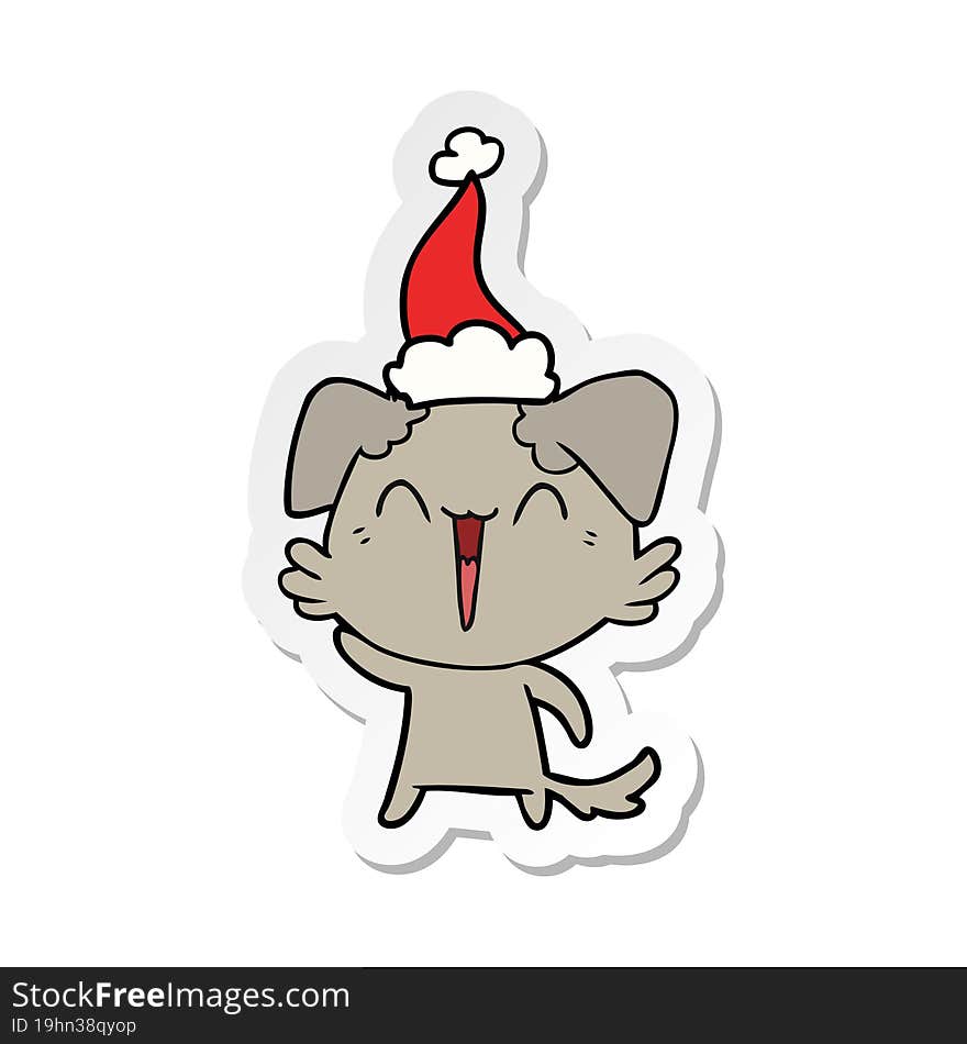 waving little dog sticker cartoon of a wearing santa hat