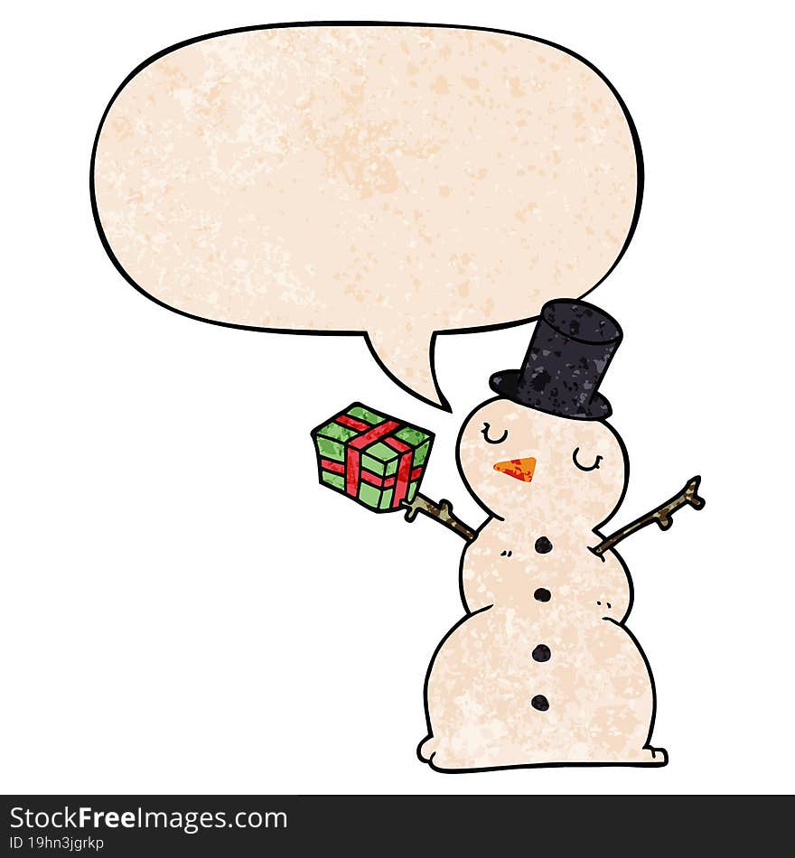 cartoon snowman and speech bubble in retro texture style