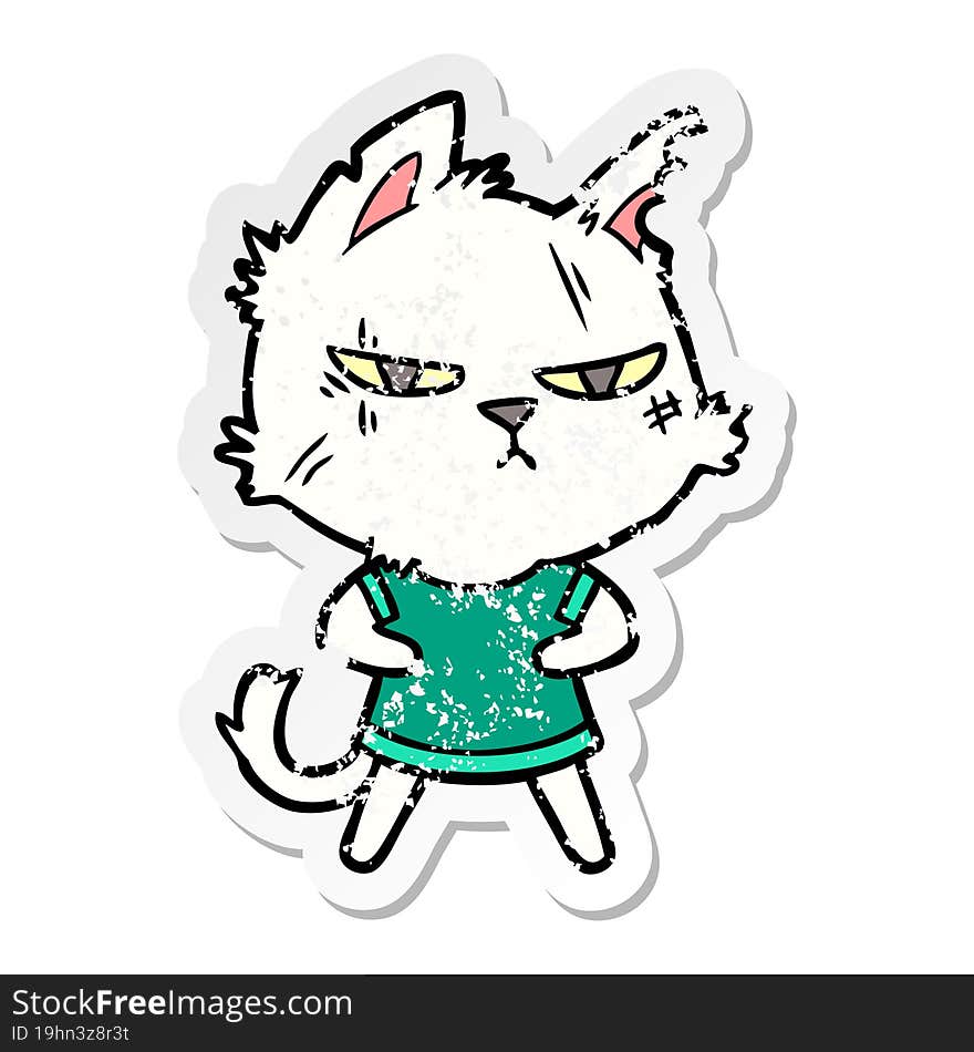 distressed sticker of a tough cartoon cat