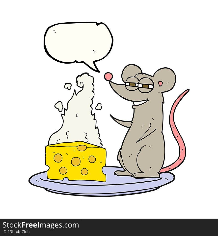 freehand drawn speech bubble cartoon mouse with cheese