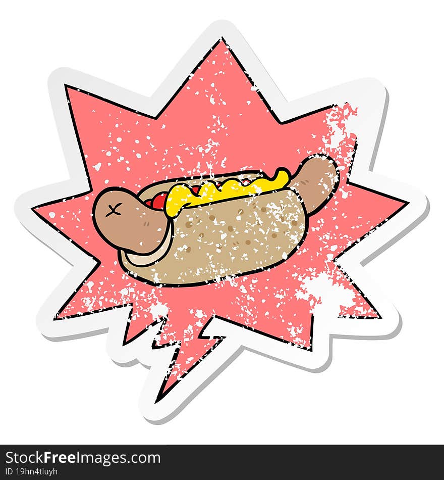 Cartoon Fresh Tasty Hot Dog And Speech Bubble Distressed Sticker